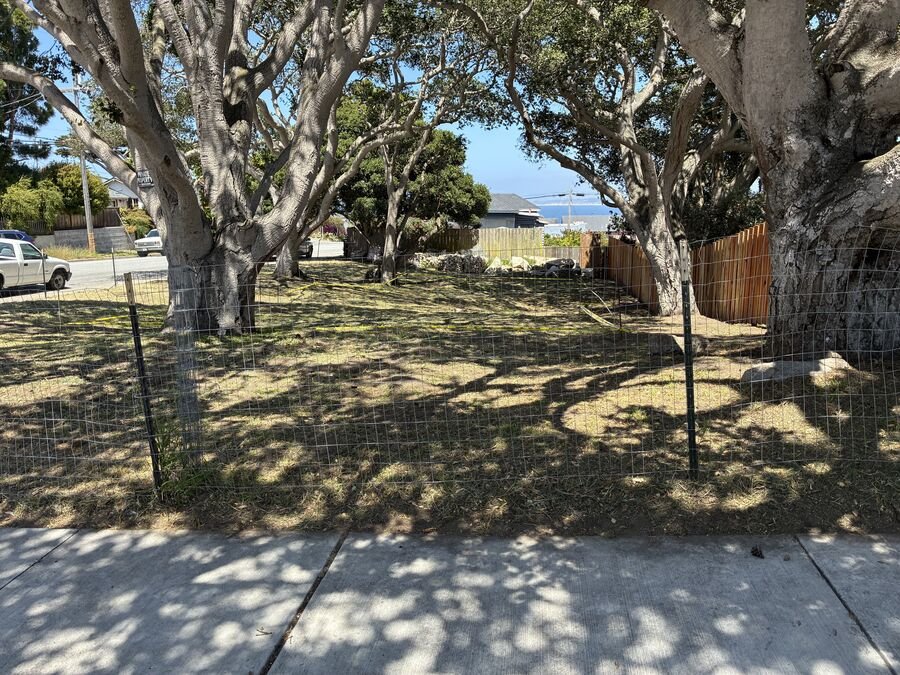 Vacant oceanview lot beneath mature oaks in Monterey, with Monterey Bay visible in the distance